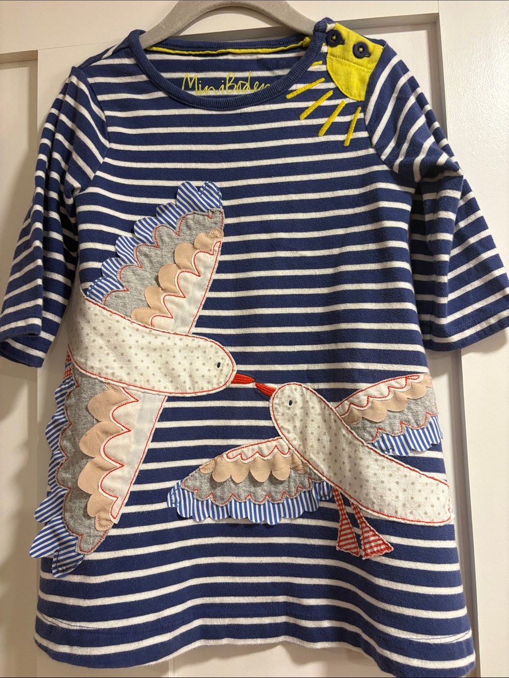 VGUC Mini Boden Navy Stripe Birds Appliqué Dress size 3-4